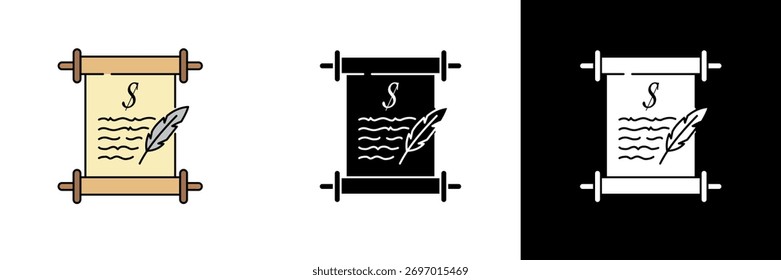 Ilustração elegante de um antigo pergaminho com uma caneta de pena, simbolizando escrita, acordo, documento legal ou temas de contrato históricos.