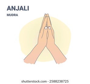 Elegant illustration of Anjali Mudra, a symbolic hand gesture in yoga and meditation. Represents gratitude, balance, and mindfulness. Perfect for wellness and spiritual designs.