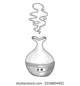 Elegant illustration of an aroma diffuser releasing soothing steam, ideal for wellness themes, spa designs, and aromatherapy branding.