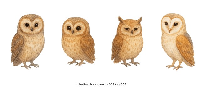 Elegant  illustration of a barn owl with soft earthy tones and heart-shaped face. Ideal for nature prints, wildlife decor, greeting cards, and mystical or woodland-themed designs.