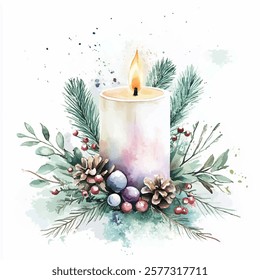 Elegant  illustration of  candles adorned with lush floral arrangements, featuring roses and greenery, perfect for adding a touch of warmth and sophistication to any decor or celebration.