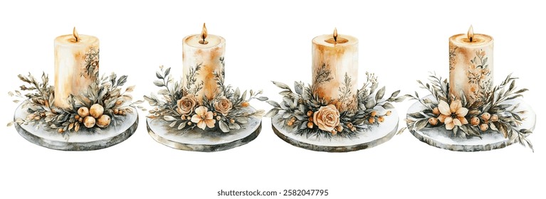 Elegant  illustration of  candles adorned with lush floral arrangements, featuring roses and greenery, perfect for adding a touch of warmth and sophistication to any decor or celebration.