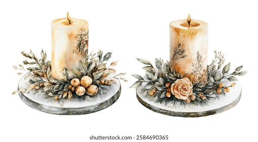 Elegant  illustration of  candles adorned with lush floral arrangements, featuring roses and greenery, perfect for adding a touch of warmth and sophistication to any decor or celebration.