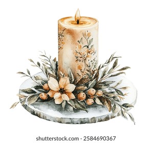 Elegant  illustration of  candles adorned with lush floral arrangements, featuring roses and greenery, perfect for adding a touch of warmth and sophistication to any decor or celebration.