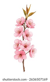 Elegant  illustration of a cherry blossom branch with soft pink blooms. Perfect for spring decor, greeting cards, and branding. Captures natures renewal and delicate beauty.