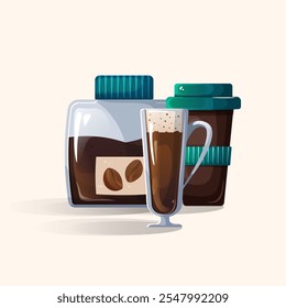 Elegant illustration of coffee jars filled with fresh beans alongside a steaming cappuccino in a glass mug. Ideal for cafe menus, posters, and coffee advertising campaigns