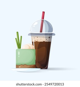 Elegant illustration of coffee in a transparent cup with a straw and a delicate dessert with green cream on a white plate. Minimalistic style, perfect for coffee shop and bakery advertising.