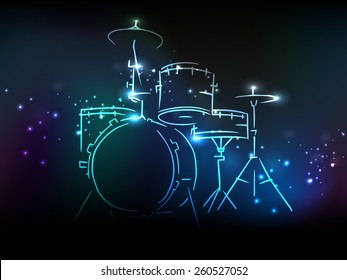 Elegant illustration of drum set with neon effect on shiny colorful background.