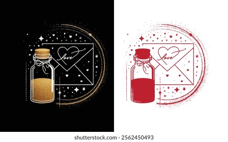 Elegant illustration featuring a glittering love message in a bottle and envelope, surrounded by sparkling stars and a circular glow. Perfect for romantic designs