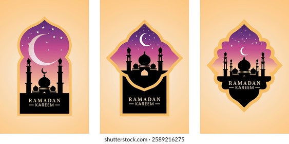 An elegant illustration featuring a mosque silhouette framed by an ornate golden arch with smooth curves, set against a twilight sky adorned with a crescent moon and stars. Perfect for greeting cards 