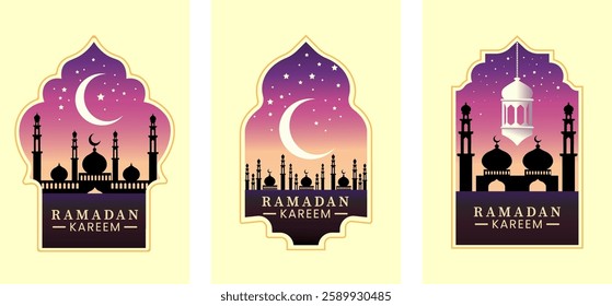 An elegant illustration featuring a mosque silhouette framed by an ornate golden arch with smooth curves, set against a twilight sky adorned with a crescent moon and stars. Perfect for greeting cards 