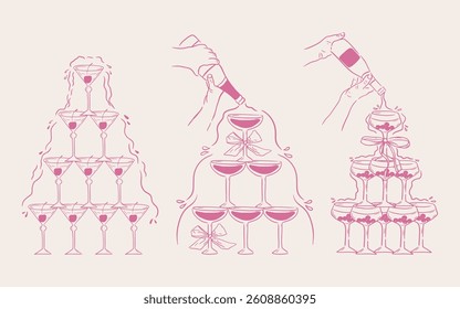 Elegant illustration featuring three pyramid-style champagne glass towers, each beautifully decorated with berries and ribbons.