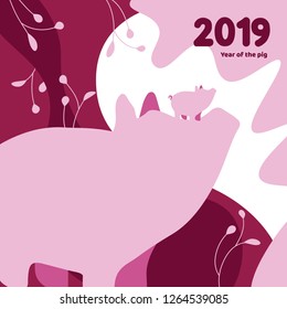 Elegant illustration in flat style with pigs. Chinese New Year 2019. The year of the pig. Symbol of winter holidays. Vector banner, background