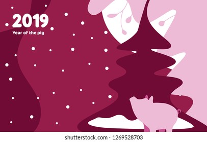 Elegant illustration in flat style with pigs. Chinese New Year 2019. The year of the pig. Symbol of winter holidays. Vector banner, background