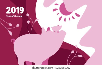 Elegant illustration in flat style with pigs. Chinese New Year 2019. The year of the pig. Symbol of winter holidays. Vector banner, background