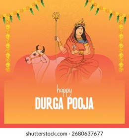 An elegant illustration of Goddess Kushmanda with a trident and a lotus, seated on a cow, against a beautiful orange gradient background with floral decorations. Perfect for Durga Puja.