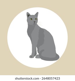 Uma ilustração elegante de um gato cinzento, provavelmente um Azul Russo ou uma raça semelhante, sentado calmamente e olhando para trás com os olhos verdes-amarelos expressivos e alertas. 