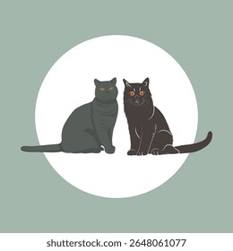 Uma ilustração elegante de um gato cinzento, provavelmente um Azul Russo ou uma raça semelhante, sentado calmamente e olhando para trás com os olhos verdes-amarelos expressivos e alertas.