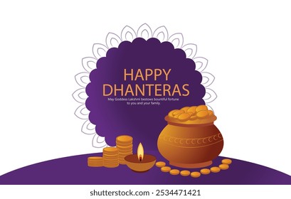 Elegant illustration of Happy Dhanteras with a gold coin pot, symbolizing prosperity and wealth. Perfect for festive greetings and Diwali celebrations