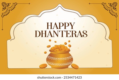 Elegant illustration of Happy Dhanteras with a gold coin pot, symbolizing prosperity and wealth. Perfect for festive greetings and Diwali celebrations