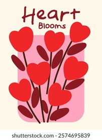 An elegant illustration of heart-shaped flowers blooming on delicate stems, set against a soft pink background. The vibrant red and deep maroon tones create a romantic and charming design, symbolizing