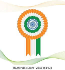 An elegant illustration of an Indian tricolor badge featuring saffron, white, and green ribbons with the Ashoka Chakra in the center for Indian Independence Day or Republic Day and other events.Eps 10