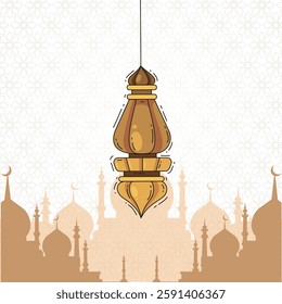 Elegant illustration of an Islamic lantern with a mosque silhouette in the background. Perfect for Ramadan, Eid, and Islamic-themed designs. Ideal for digital and print use.