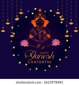 Ilustração elegante do Senhor Ganesha com luzes diya e lótus para Ganesh Chaturthi celebração tradicional hindu vetor do festival espiritual no fundo roxo escuro