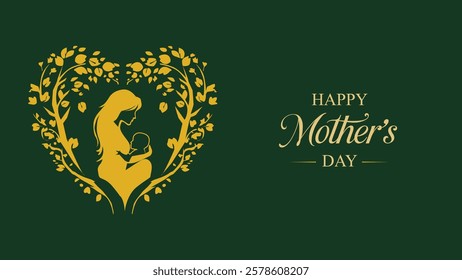 Elegant illustration for Mother's Day featuring a heart-shaped design with a mother holding her child, symbolizing love, care, and the nurturing bond between them