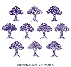 Elegant illustration set of abstract trees with intricate filigree patterns. Includes swirling branches and leaves Perfect for decorative design, nature inspired art, and spiritual or seasonal themes.