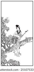 Ilustração elegante de uma figura tradicional segurando um cesto, rodeado por árvores floridas e paisagem serena, em um estilo artístico preto e branco clássico.