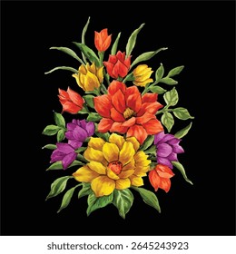 Elegant illustration of a vibrant floral bouquet designed in a traditional embroidery style. Featuring blooming flowers in bright shades of red, orange, yellow, and purple with detailed green leaves.