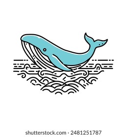 Elegant illustration of a whale with one continuous line in a calm sea, surrounded by simple waves. Minimalist style, black and white or a little blue, gives a clean and modern impression. 