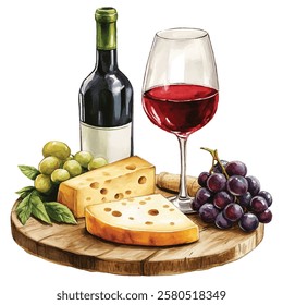 Elegant  illustration of a wine and cheese platter with a bottle of red wine, a glass, assorted grapes, and a cheese wedge on a wooden board. Perfect for gourmet dining and culinary art.