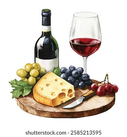 Elegant  illustration of a wine and cheese platter with a bottle of red wine, a glass, assorted grapes, and a cheese wedge on a wooden board. Perfect for gourmet dining and culinary art.