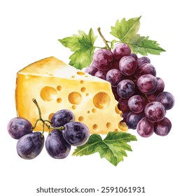 Elegant  illustration of a wine and cheese platter with a bottle of red wine, a glass, assorted grapes, and a cheese wedge on a wooden board. Perfect for gourmet dining and culinary art.