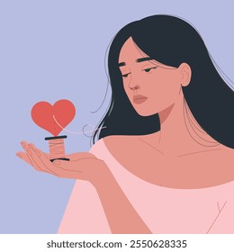 Ilustração elegante de uma mulher segurando um carretel com um fio em forma de coração, simbolizando amor, cura e conexão emocional no estilo de arte plana moderna
