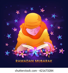 Elegant Illustration of Young Islamic Girl in Traditional Outfit, Reading Holy Book of Muslim Community "Quran Shareef" on glowing purple background for Ramadan Mubarak.