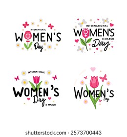 Elegant illustrations celebrating International Women's Day with flower motifs, text designs, and festive elements, emphasizing empowerment, love, and appreciation for women worldwide.