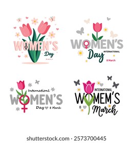 Elegant illustrations celebrating International Women's Day with flower motifs, text designs, and festive elements, emphasizing empowerment, love, and appreciation for women worldwide.