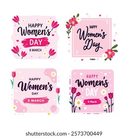 Elegant illustrations celebrating International Women's Day with flower motifs, text designs, and festive elements, emphasizing empowerment, love, and appreciation for women worldwide.