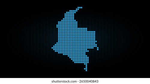 Elegant image of Colombia's digital map formed by tiny light blue squares against a dark backdrop, creating a modern, technological, and futuristic style that captures the country's shape