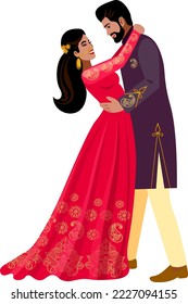 Elegante pareja india de recién casados en su boda Novia con vestido rojo con patrón oro novio indio con traje azul oscuro Vector