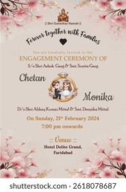 Elegant Indian engagement invitation card with floral design, cartoon couple, and Ganesha icon. Perfect for weddings, save-the-date, and traditional ceremonies.