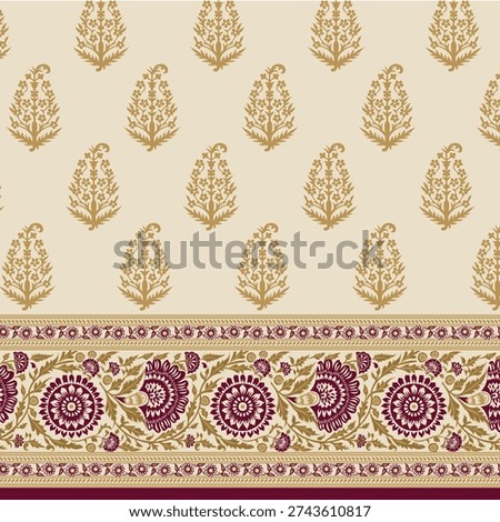 Elegant Indian floral paisley pattern with border design for textile print for fabric, seamless pattern