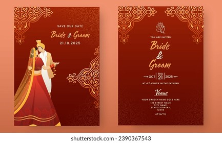 Elegante tarjeta de invitación a la boda india con carácter de novio hinduista en color rojo y dorado.