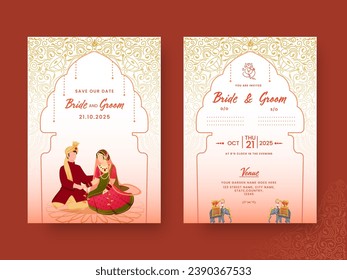 Elegant Indian Wedding Invitation Template Layout with Hindu Bridegroom Character and Event Details.