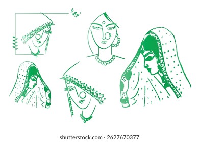 Elegant Indian Women in Traditional Attire, a Line Art Collection