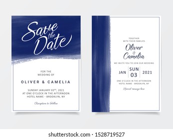 Elegant indigo brush stroke wedding invitation cards template. Artistic blue abstract background save the date, invitation, greeting card, multi-purpose vector