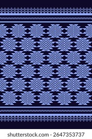 Elegant indigo pixel Thai pattern with intricate geometric motifs. Perfect for ethnic textile designs, folk-inspired prints, digital art, and cultural crafts.